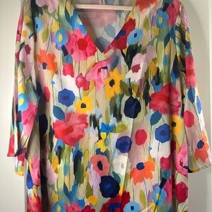 Zolucky Women's‎ Short Sleeve Pullover Top Size XL Floral Colorful V-Neck